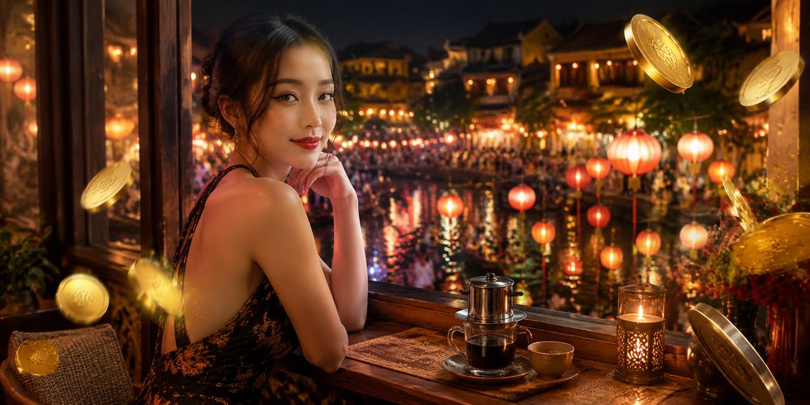 Không gian thư giãn VIP tại Huế với ly cà phê Việt Nam bên cạnh màn hình chơi casino trực tuyến